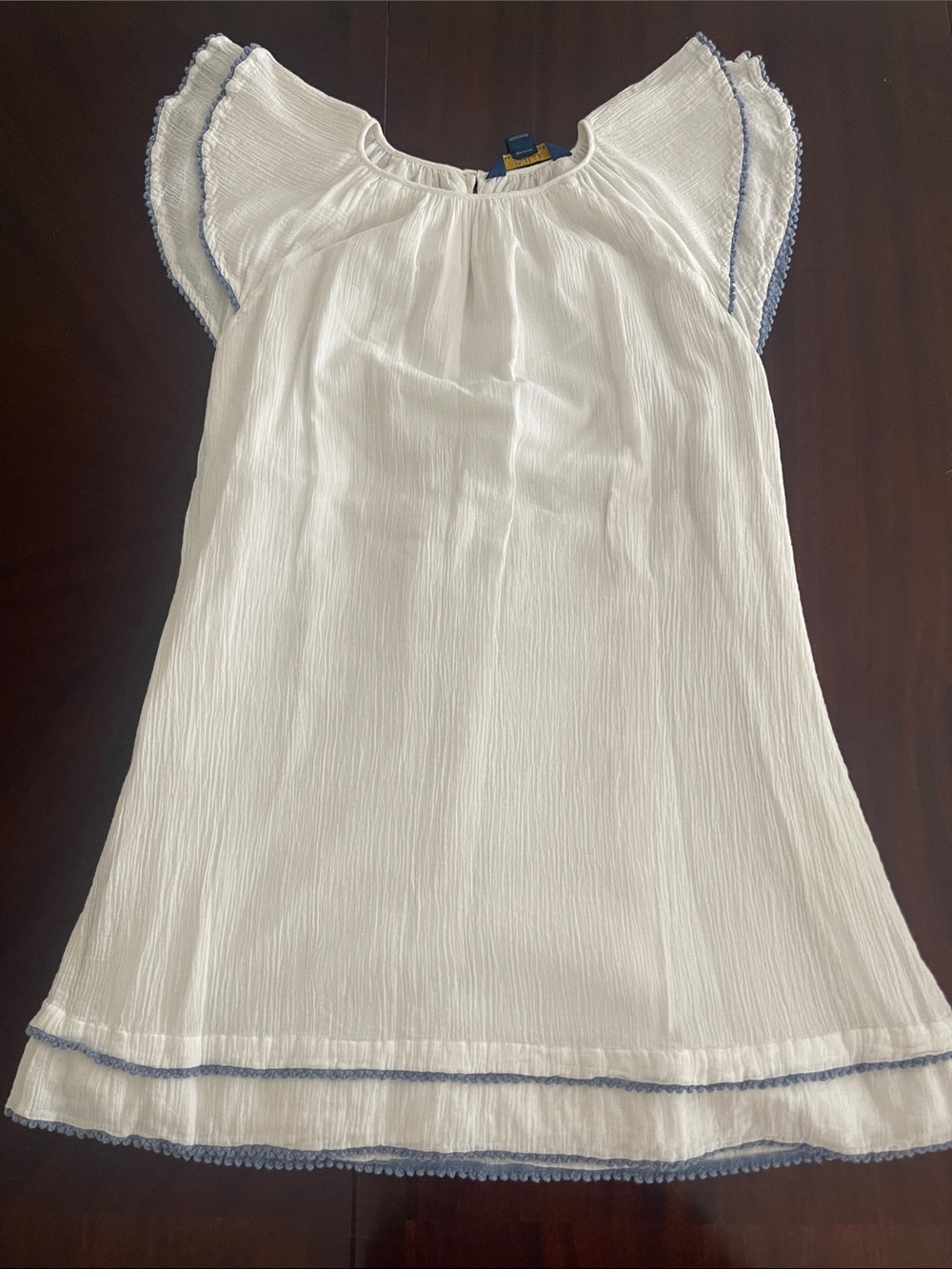 Girl’s White Flutter Sleeve Dress with Blue Trim size 10-12